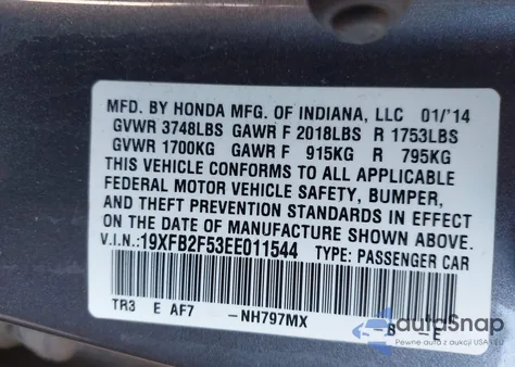 2014 Honda Civic Lx from USA, damaged, VIN 19XFB2F53EE011544